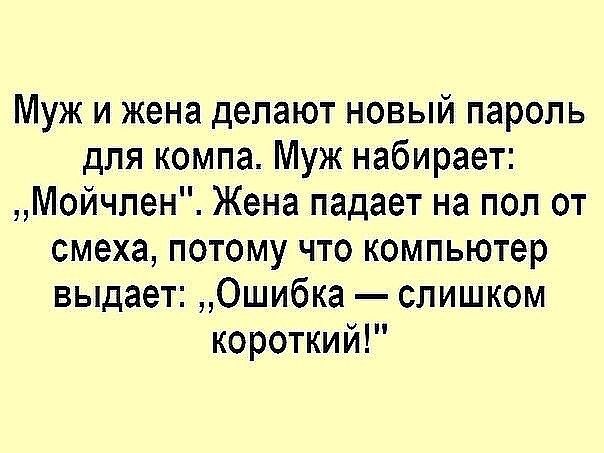 Муж и жена делают новый пароль для компа Муж набирает Мойчпен Жена падает на пол от смеха потому что компьютер выдает Ошибка слишком короткий