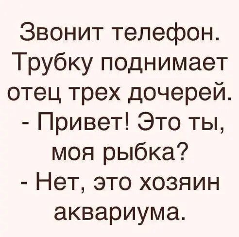 Звонит телефон Трубку поднимает отец трех дочерей Привет Это ты моя рыбка Нет это хозяин аквариума