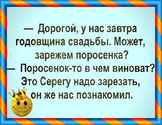 Дорогой у нас завтра годовщина свадьбы Может зарежем поросенка Поросенок то в чем виноват Это Серегу надо зарезать он же нас познакомил