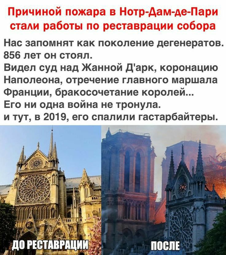 Нас запомнят как поколение дегенератов 856 лет он стоял Видел суд над Жанной Дарк коронацию Наполеона отречение главного маршала Франции бракосочетание королей Его ни одна война не тронула и тут в 2019 его спалили гастарбайтеры
