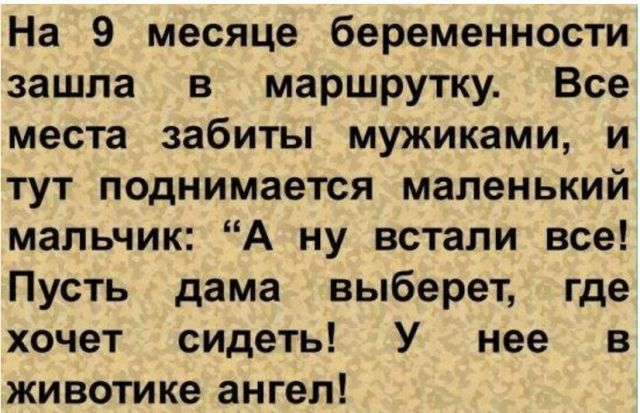 На 9 месяце беременности зашла в маршрутку Все места забиты мужиками и тут поднимается маленький мальчик А ну встали все Пусть дама выберет где хочет сидеть У нее в животике ангел