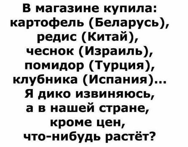 В магазине купила картофель Беларусь редис Китай чеснок Израиль помидор Турция клубника Испания Я дико извиняюсь а в нашей стране кроме цен что нибудь растёт