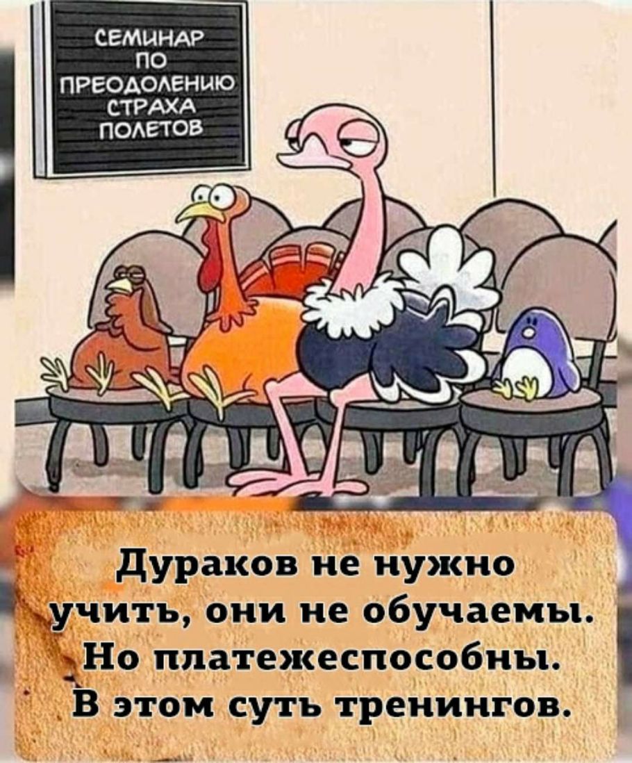 СЕМИНАР ПО П РЕОАОАЕН И Ю СТРАХА дураков не нужно учитъ они не обучаемы дНо ппатежеспособны _ В этом суть тренингов