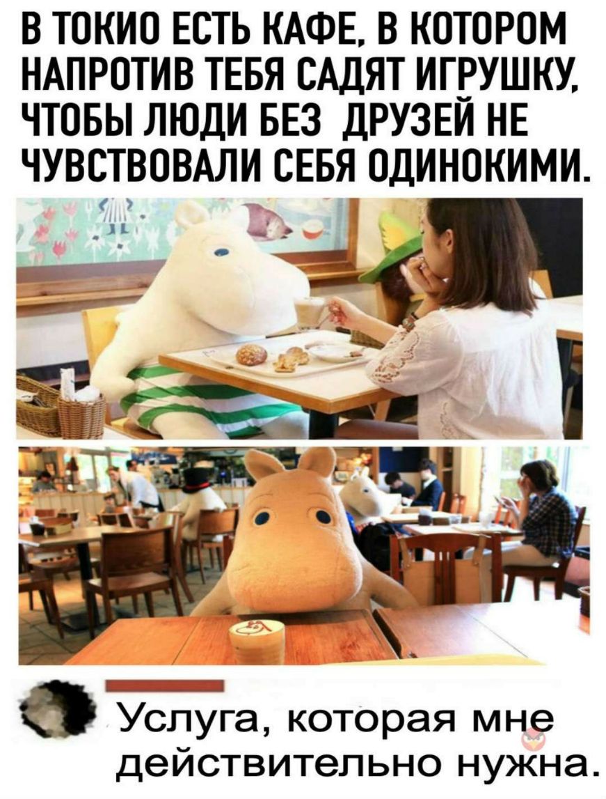 В ТОКИО ЕСТЬ КАФЕ В КОТОРОМ НАПРОТИВ ТЕБЯ ОАДЯТ ИГВУШКУ ЧТОБЫ ЛЮДИ БЕЗ ДРУЗЕИ НЕ ЧУВСТВОВАЛИ СЕБЯ ОДИНОКИМИ Услуга которая мне действительно нужна