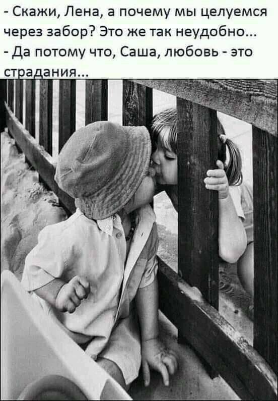 Скажи Лена а почему мы целуемся через забор Это же так неудобно Да потому что Саша любовь это ста_ания