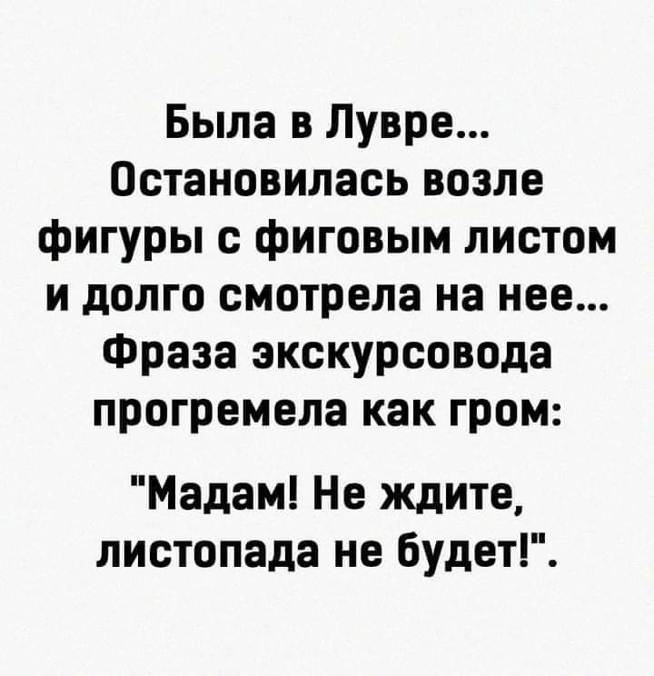 Была в Лувре Остановилась возле фигуры с фиговым листом и долго смотрела на нее Фраза экскурсовода прогремела как гром Мадам Не ждите листопада не будет