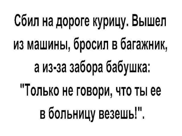 Сбил на дороге курицу Вышел из машины бросил в багажник а из за забора бабушка Только не говори что ты ее в больницу везешь