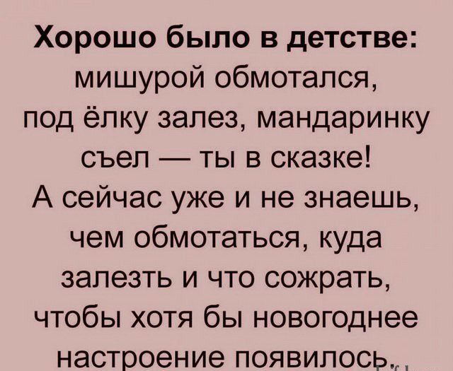 Хорошо было в детстве мишурой обмотался под ёлку залез мандаринку съел ты в сказке А сейчас уже и не знаешь чем обмотаться куда залезть и что сожрать чтобы хотя бы новогоднее настроение появилось