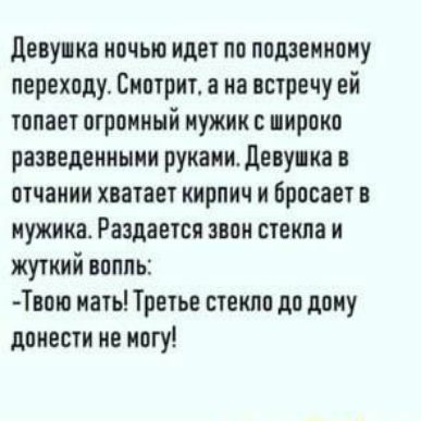 девупна ночью идет по подземному переходу Смотрит а на встречу ей топает огромный мужик с широко разнедениыии руианит деву на н отчанни хватает кирпич и Бросает в нужина Раздается звон стекла и жуткий впппь Твою мать Третье стекло до дону донести не могу