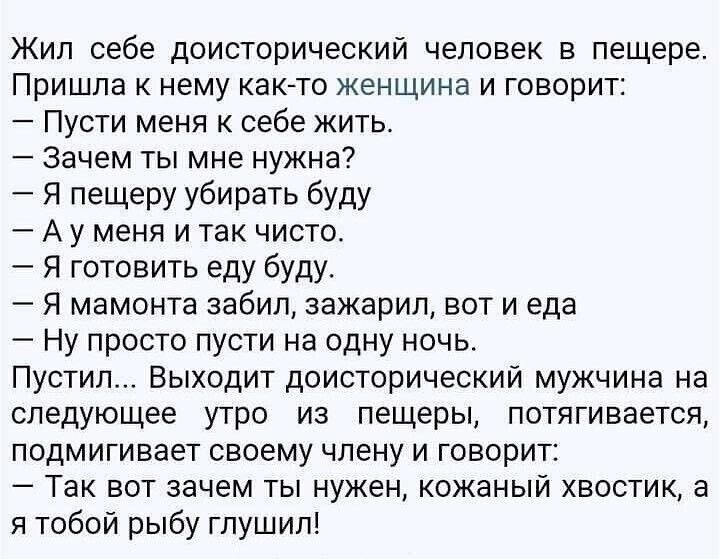 Жил себе доисторический человек в пещере Пришла к нему както женщина и говорит Пусти меня к себе жить Зачем ты мне нужна Я пещеру убирать буду А у меня и так чисто Я готовить еду буду Я мамонта забил зажарил вот и еда Ну просто пусти на одну ночь Пустил Выходит доисторический мужчина на следующее утро из пещеры потягивается подмигивает своему члену и говорит Так вот зачем ты нужен кожаный хвостик 