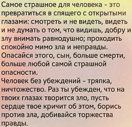 Самое страшное для человека это превратиться в спящего с открытыми глазами смотреть и не видеть видеть и не думать о том что видишь добру и злу внимать равнодушно проходить спокойно мимо зла и неправды Опасайся этого сын больше смерти больше любой самой страшной опасности Человек без убеждений тряпка ничтожество Раз ты убежден что на твоих глазах творится зло пусть сердце твое кричит об этом борис