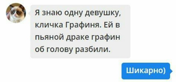 в я знаю одну девушку кличка Графиня Еи в пьяной драке графин об голову разбили