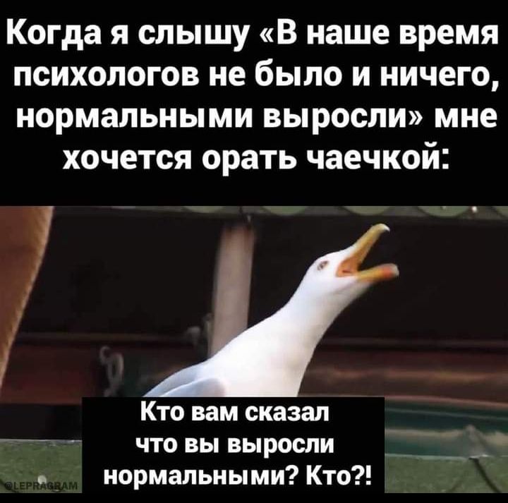 Когда я слышу В наше время психологов не было и ничего нормальными выросли мне хочется орать чаечкой Кто вам сказал что вы выросли _ нормальными Кто