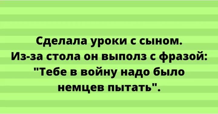 Сделала уроки с сыном Из за стола он выполз фразой Тебе в войну надо было немцев пытать