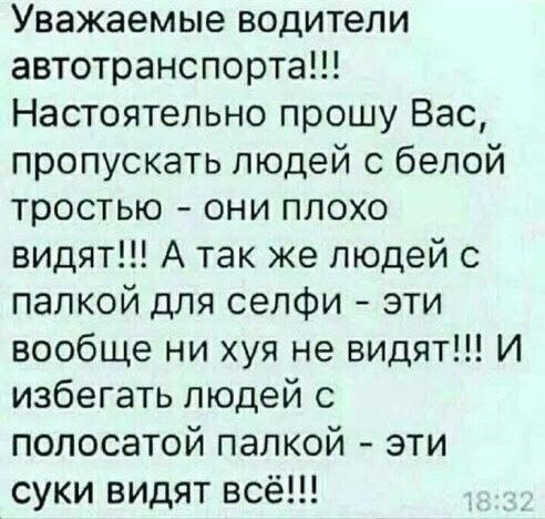 Уважаемые водители автотранспорта Настоятельно прошу Вас пропускать людей с белой тростью они плохо видят А так же людей с папкой для селфи эти вообще ни хуя не видят И избегать людей с полосатой палкой эти суки видят всё