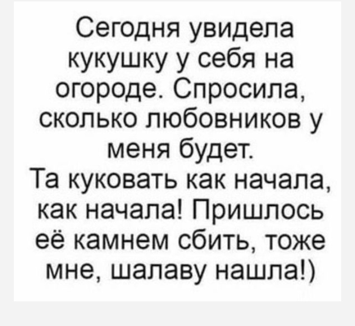 Сегодня увидела кукушку у себя на огороце Спросила сколько любовников у меня будет Та куковать как начала как начала Пришлось её камнем сбить тоже мне шалаву нашла