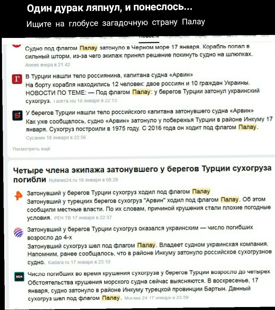 Один дурак ляпнул и понеслось Ищите на глобусе загадочную страну Палау Судно под флагом Палау затонуло в Черном море 17 января Корабль попал в сильный шторм из за чего экипаж принял решение покинуть судно на шлюпках в Турции нашли тело россиянина капитана судна Арвин На борту корабля находились 12 человек двое россиян и 10 граждан Украины НОВОСТИ ПО ТЕМЕ Под флагом Палау у берегов Турции затонул у