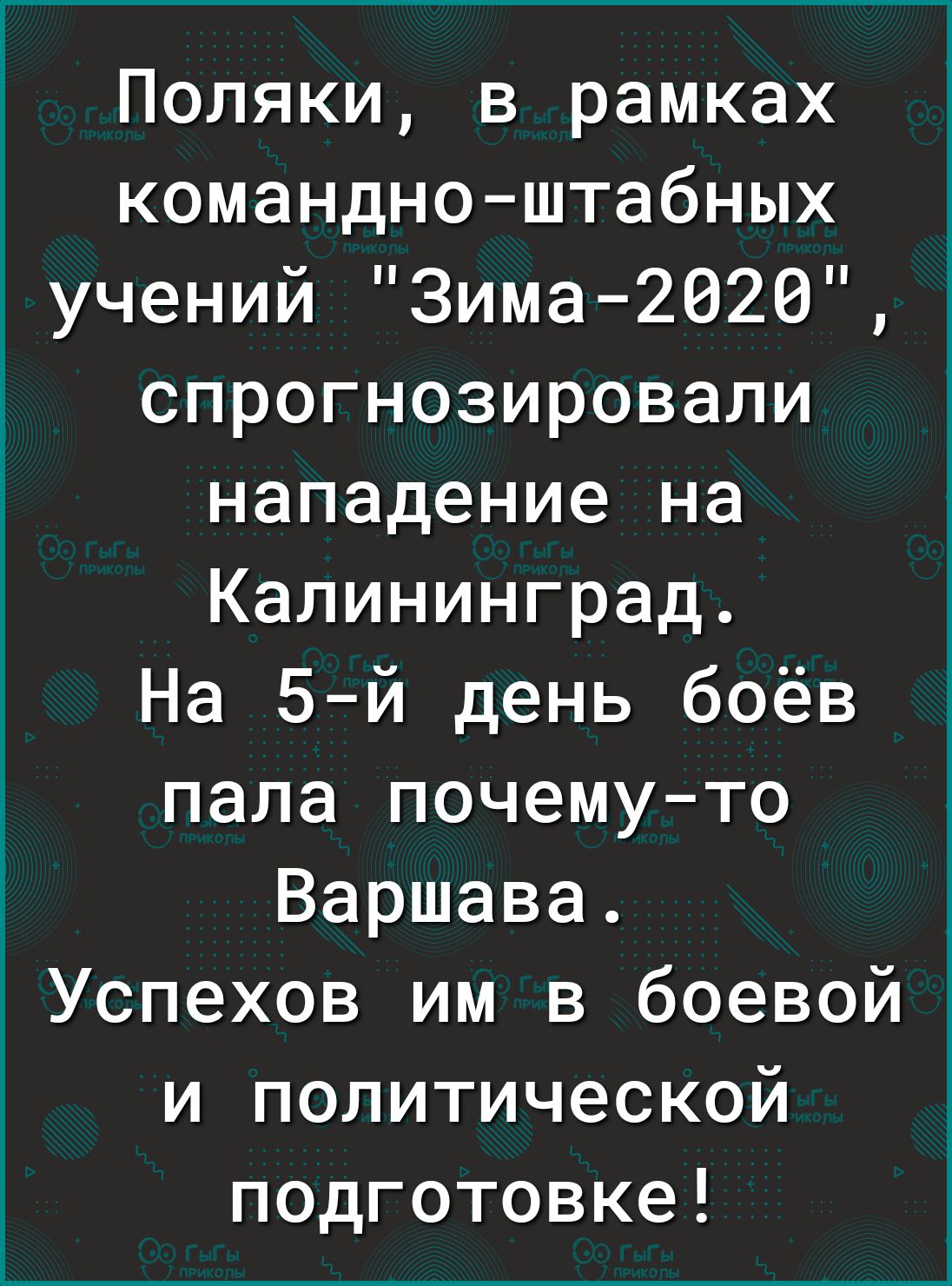 Поляки в рамках командноштабных учений Зима2020 спрогнозировали нападение на Калининград На 5й день боёв пала почемуто Варшава Успехов им в боевой и политической подготовке