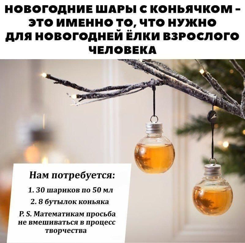 НОВОГОДНИЕ ШАРЫ С КОНЬЯЧКОМ - ЭТО ИМЕННО ТО, ЧТО НУЖНО ДЛЯ НОВОГОДНЕЙ ЁЛКИ ВЗРОСЛОГО ЧЕЛОВЕКА

Нам требуется:
1. 30 шариков по 50 мл
2. 8 бутылок коньяка
P.S. Математикам просьба не вмешиваться в процесс творчества