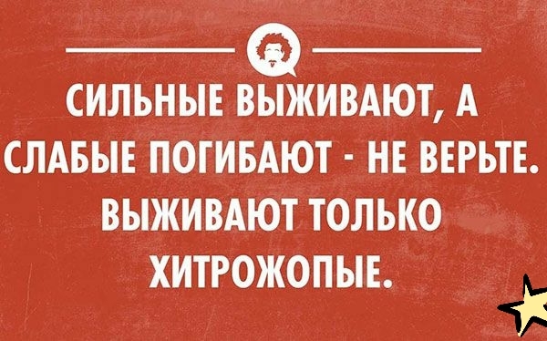 СИЛЬНЫЕ ВЫЖИВАЮТ А СЛАБЫЕ ПОГИБАЮТ НЕ ВЕРЬТЕ ВЫЖИВАЮТ ТОЛЬКО ХИТРОЖОПЫЕ