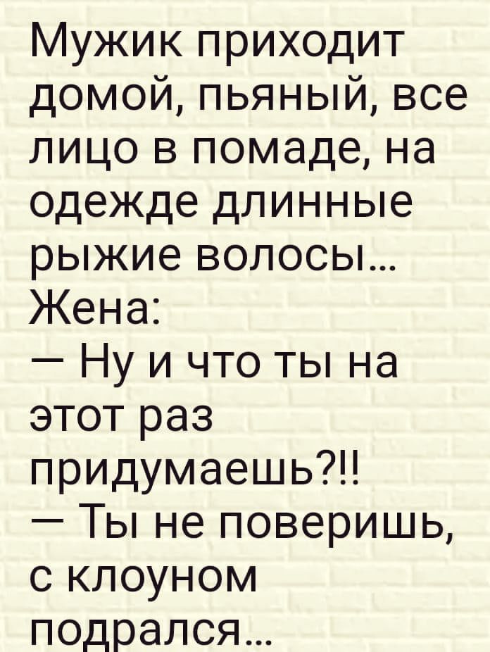 Мужик приходит домой пьяный все лицо в помаде на одежде длинные рыжие волосы Жена Ну и что ты на этот раз придумаешь Ты не поверишь с клоуном подрался