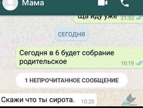 2152 СЕГОДНЯ Сегодня в 6 будет собрание родительское 1019 м 1 НЕПРОЧИТАННОЕ СООБЩЕНИЕ СКЭЖИ ЧТО ТЫ сирота