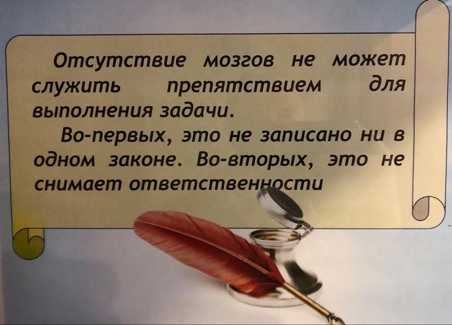 Отсутствие мозгов не может служить препятствием для выполнения задачи Вопервых это не записано ни в одном законе Во вторых это не снимает ответствен сти