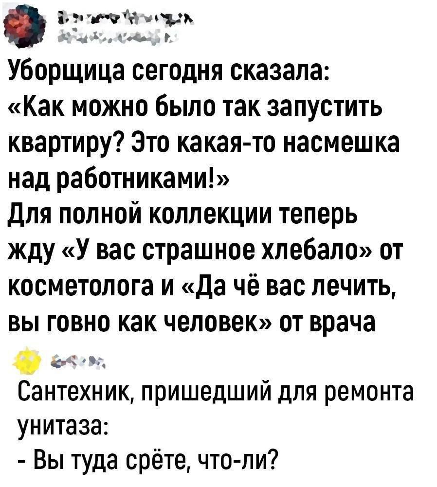 ЁЁ Уборщица сегодня сказала Как можно было так запустить квартиру Это какаято насмешка над работниками для полной коллекции теперь жду У вас страшное хлебало от косметолога и да чё вас лечить вы говно как человек от врача 0 _ _ Сантехник пришедший для ремонта унитаза Вы туда срёте что ли