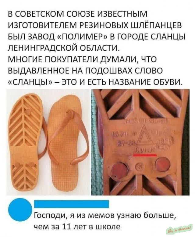 В СОВЕТСКОМ СОЮЗЕ ИЗВЕСТНЫМ ИЗГОТОВИТЕЛЕМ РЕЗИНОВЫХ ШЛЁПАНЦЕВ БЫЛ ЗАВОД ПОЛИМЕР В ГОРОДЕ СЛАНЦЫ ЛЕНИНГРАДСКОЙ ОБЛАСТИ МНОГИЕ ПОКУПАТЕЛИ ДУМАЛИ ЧТО ВЫДАВЛЕННОЕ НА ПОДОШВАХ СЛОВО СЛАНЦЫ ЭТО И ЕСТЬ НАЗВАНИЕ ОБУВИ ХХ Господи я из мемов узнаю больше чем за 11 лет в школе