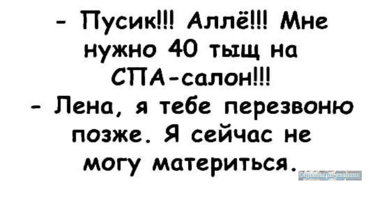 Пусик Аллё Мне нужно 40 тыщ на СПА салон Лена я тебе перезвоню позже Я сейчас не могу материться