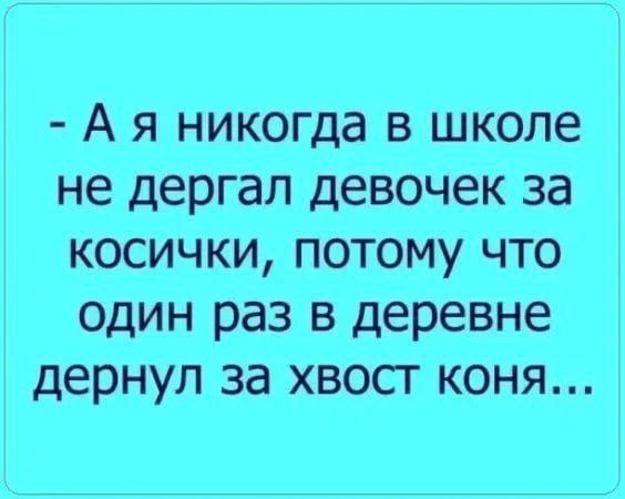 А я никогда в школе не дергал девочек за косички потому что один раз в деревне дернул за хвост коня