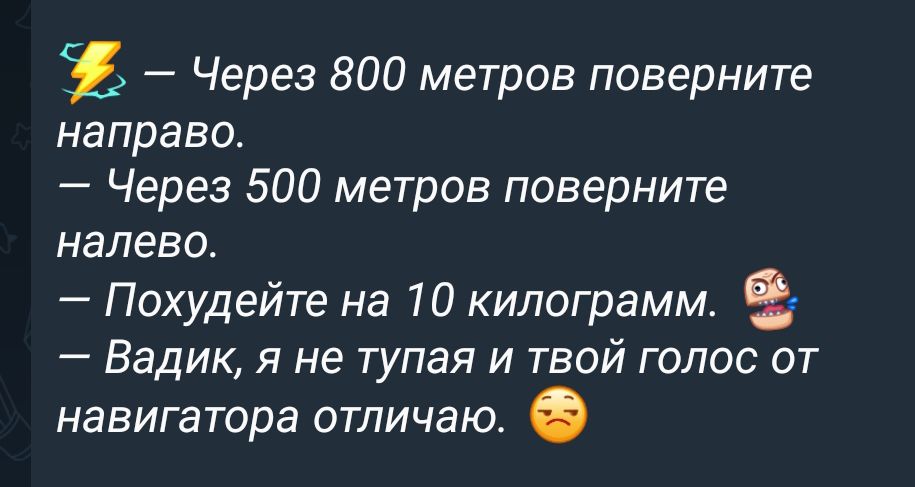 1 Через 800 метров поверните направо Через 500 метров поверните налево Похудейте на 10 килограмм Вадик я не тупая и твой голос от навигатора отличаю