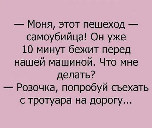 Моня этот пешеход самоубийца Он уже 10 минут бежит перед нашей машиной Что мне делать Розочка попробуй съехать с тротуара на дорогу