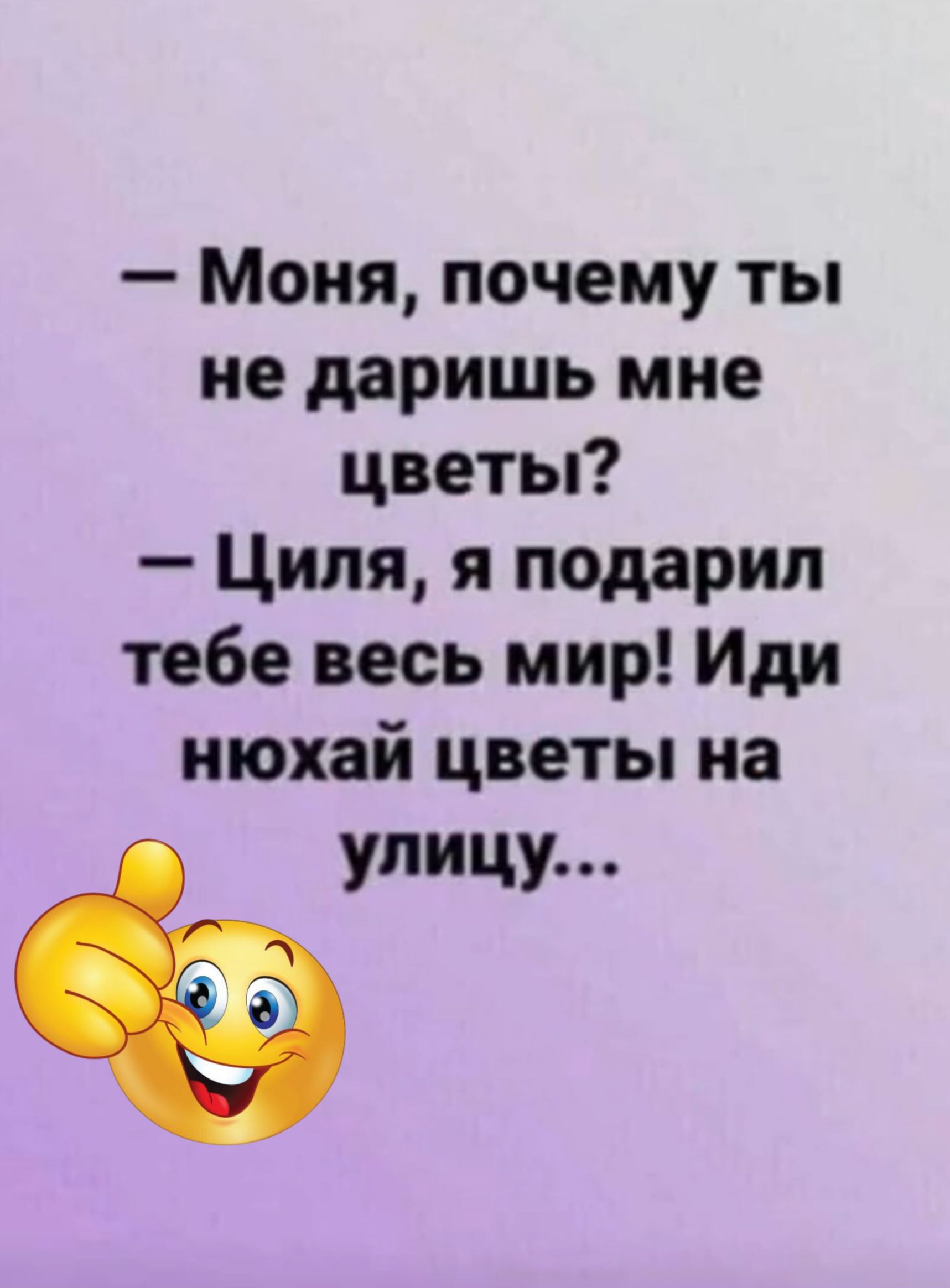 Моня почему ты не даришь мне цветы Циля я подарил тебе весь мир Иди нюхай цветы на улицу