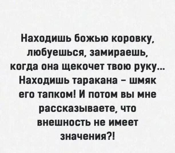 Находишь божью коровку любуешься замираешь когда она щекочет твою руку Находишь таракана шмяк его тапком И потом вы мне рассказываете что внешность не имеет значения