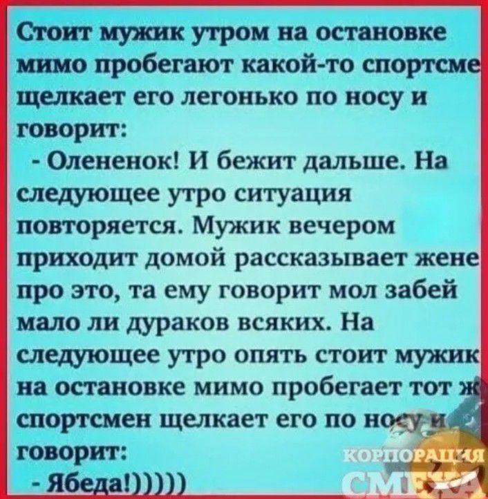 Сюн г мужик утром на остановке шо пробегают какой то спортом щелкает его легонько по носу и говорит Олененок И бежит дальше На следующее утро ситуация повторяется Мужик вечером приходит домой рассказывает жене про это та ему говорит мол забей мало ли дураков всяких На шелющее утро опять стоит мужи на осгановке мимо пробегает тогг спортсмен щелкает его по н