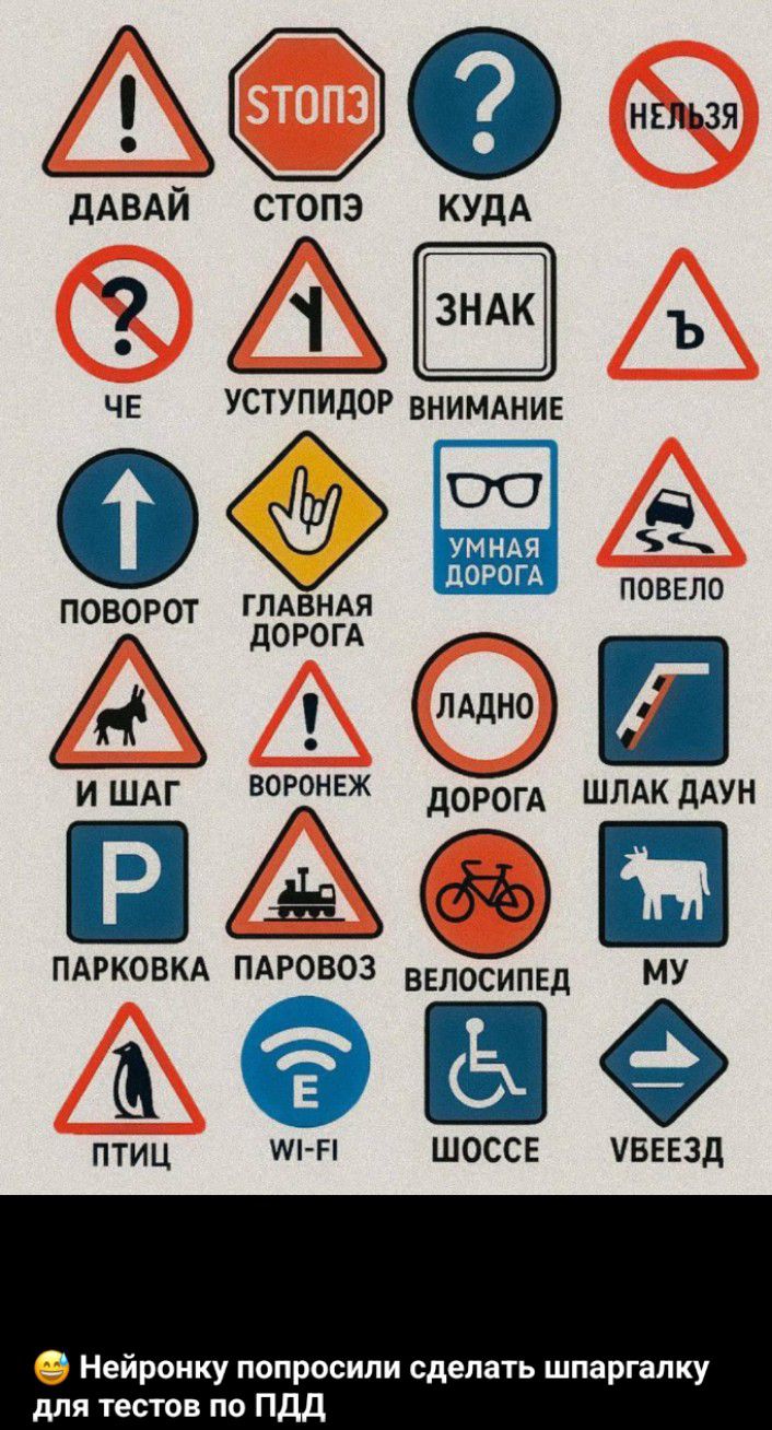 ДАВАЙ, СТОПЭ, КУДА, НЕЗЯ, ЧЕ, УСТУПИДОР, ВНИМАНИЕ, ЗНАК, ПОВОРОТ, ГЛАВНАЯ ДРОГА, ЛАДНО, ШЛАК ДАУН, ПАРКОВКА, ПАРОВОЗ, ВЕЛОСИПЕД, МУ, ПТИЦ, WI-FI, ШОССЕ, УВЕЗД.