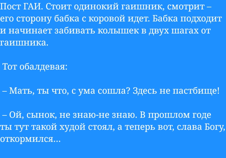 Пост ГАИ шопг ошшошй птиц снт рит его сторону бабка с коровой идет Бабка подходит и начинает забивать 1 в двух шагах от гаишника Тот обалдевая Мать ты что с ума сошла Здесь не пастбище Ой същок не знаю не знаю В прошлом годе ты тут такой худой сшил теперь вот слава Богу опсориился