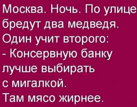 Москва Ночь По улице бредут два медведя Один учит второго Консервную банку пучше выбирать с мигапкой Там мясо жирнее