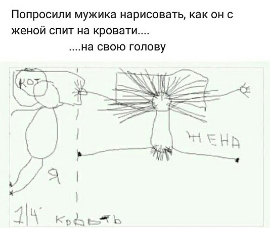 Попросили мужика нарисовать как он с женой спит на кровати на свою голову
