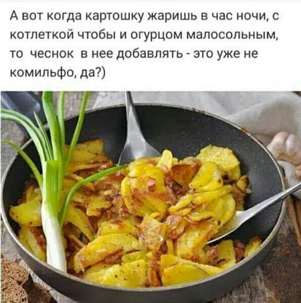 А вот когда картошку жаришь в час ночи с котпеткой чтобы и огурцом мапосольным то чеснок в нее добавлять это уже не комипьфо да