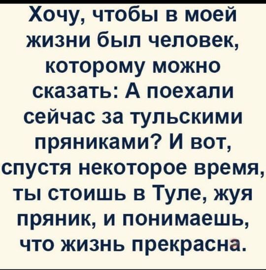 Хочу чтобы в моей жизни был человек которому можно сказать А поехали сейчас за тульскими пряниками И вот спустя некоторое время ты стоишь в Туле жуя пряник и понимаешь что жизнь прекрасна