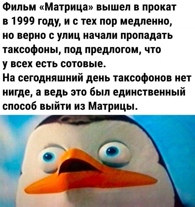 Фильм Матрица вышел в прокат в 1999 году и с тех пор медленно но верно с улиц начали пропадать таксофоны под предлогом что у всех есть сотовые На сегодняшний день таксофонов нет нигде а ведь это был единственный способ выйти из Матрицы