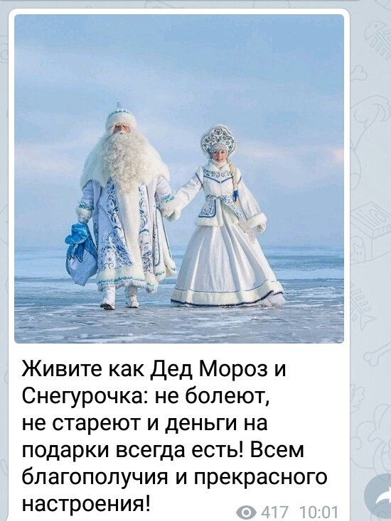 Живите как Дед Мороз и Снегурочка не болеют не стареют и деньги на подарки всегда есть Всем благополучия и прекрасного настроения