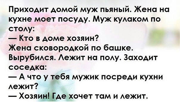 Приходит домой муж пьяный Жена на кухне моет посуду Муж куАаком по ст0Ау Кто в доме хозяин Жена сковородкой по башке Вырубидся Аежит на п0Ау Заходит соседка А что у тебя мужик посреди кухни Аежит Хозяин де хочет там и Аежит