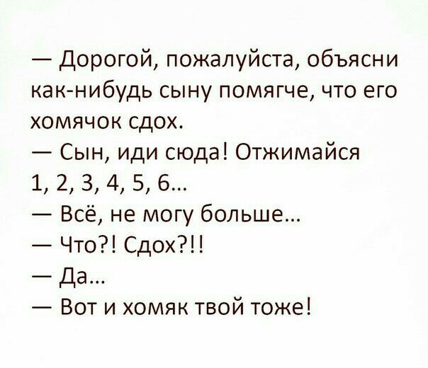 дорогой пожалуйста объясни как нибудь сыну помягче что его хомячок сдох Сын иди сюда Отжимайся 1 2 34 56 Всё не могу больше Что Сдох Да _ ВОТ И ХОМЯК ТВОЙ ТОЖЕ
