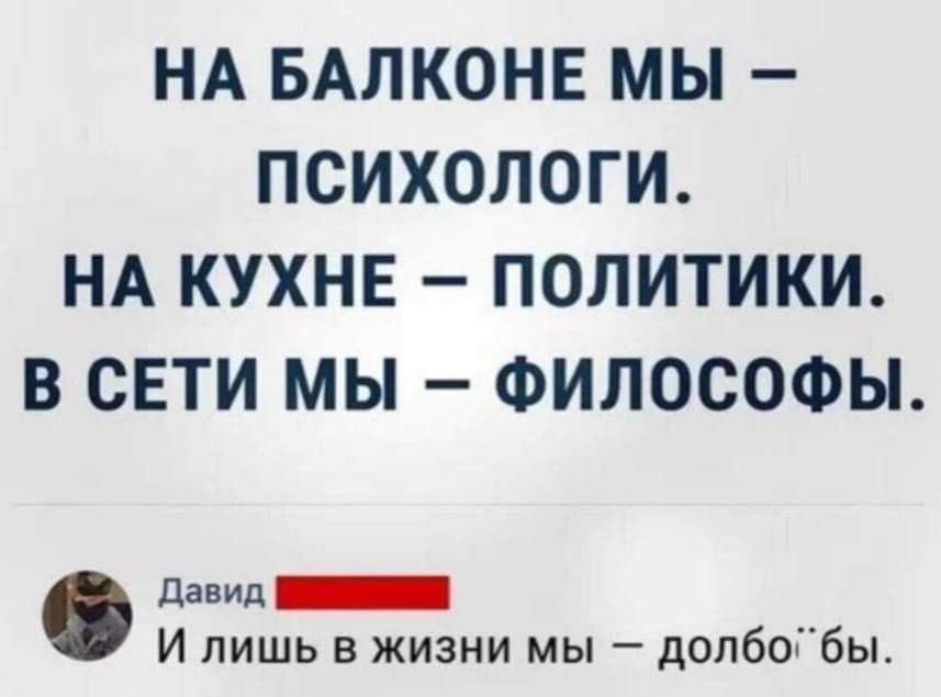 НА БАЛКОНЕ МЫ ПСИХОЛОГИ НА КУХНЕ ПОЛИТИКИ В СЕТИ МЫ ФИЛОСОФЫ девиц И лишь в жизни мы долбоГбЬ