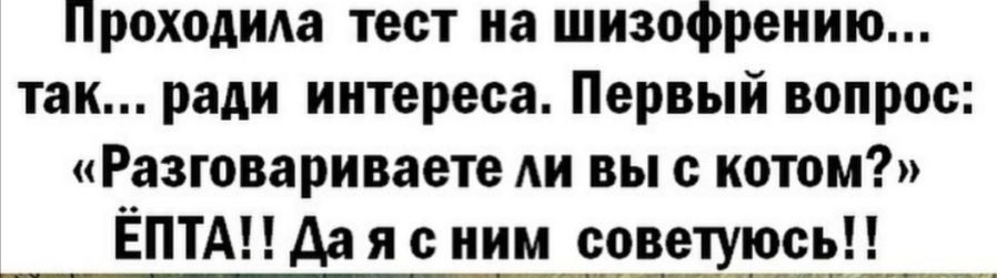 Проходида тест на шизофрению так ради интереса Первый вопрос Разговариваете 1 вы с котом ЁПТА да я с ним советуюсь