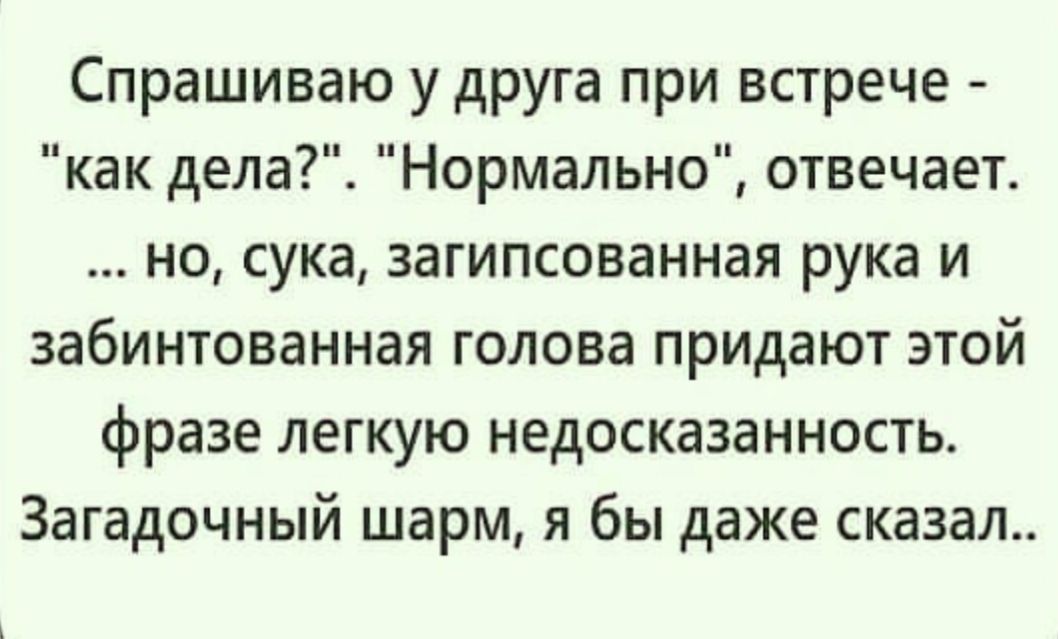 Спрашиваю у друга при встрече как дела Нормально отвечает но сука загипсованная рука и забинтованная голова придают этой фразе легкую недосказанность Загадочный шарм я бы даже сказал