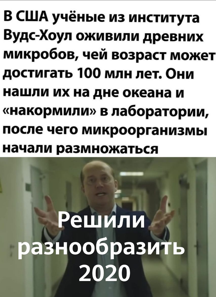 В США учёные из института Вудс Хоуп оживили древних микробов чей возраст может достигать 100 млн лет Они нашли их на дне океана и накормили в лаборатории после чего микроорганизмы начали размножаться Решили разнообразить 2020